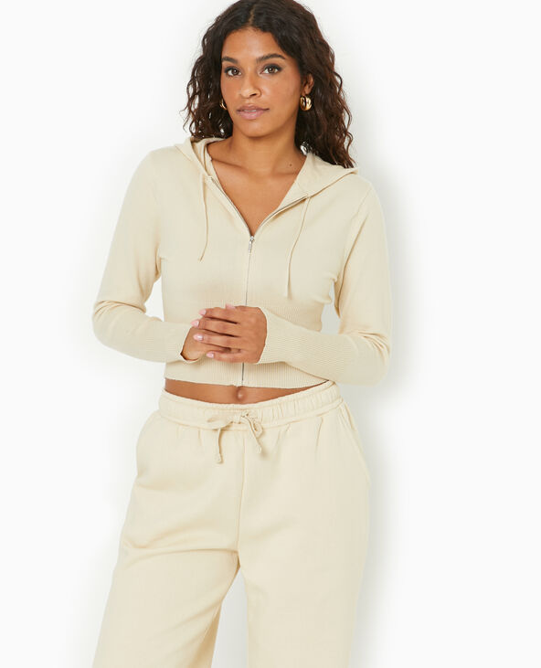 Gilet court zippé en maille fine avec capuche beige - Pimkie