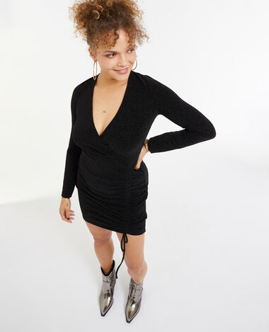 Robe courte effet cache-cœur et liens coulissés noir - Pimkie
