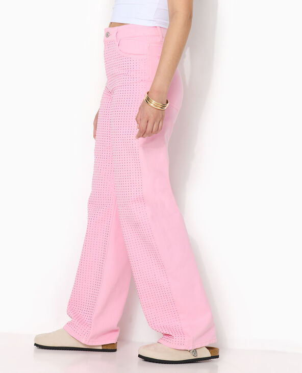 Jean droit taille haute avec strass devant rose - Pimkie