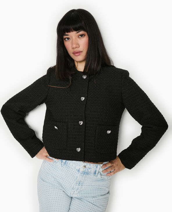 Veste courte en tweed avec boutons cœur noir - Pimkie