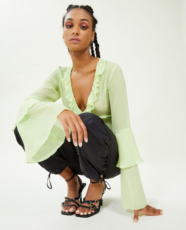 Blouse avec volants en voile vert anis - Pimkie