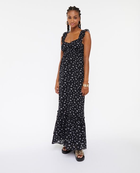 Robe longue motif fleurs avec volants noir - Pimkie