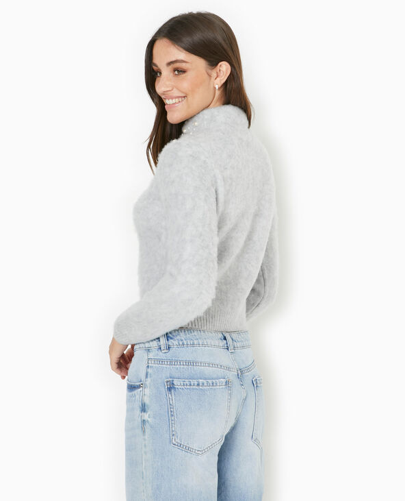 Pull en maille poilue avec perles cousues gris chiné - Pimkie