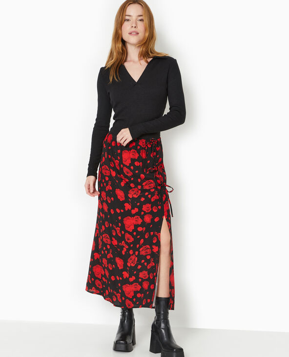 Jupe longue avec nouettes motif roses noir - Pimkie