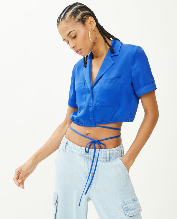 Chemise cropped en satin bleu électrique - Pimkie