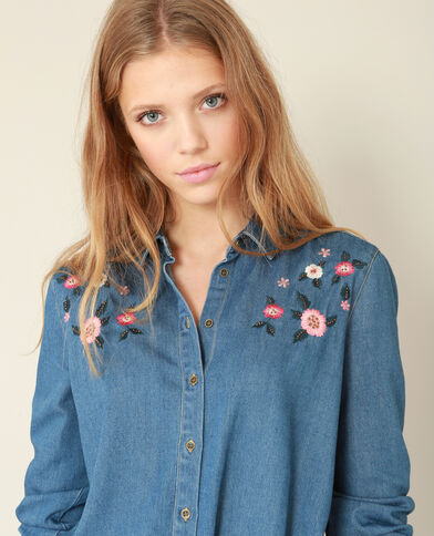 Chemise à broderies bleu denim - Pimkie