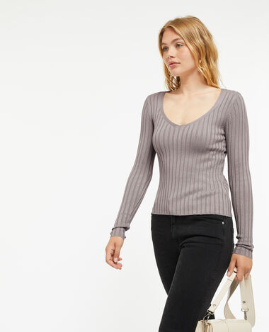 Pull col V en maille côtes plates gris - Pimkie