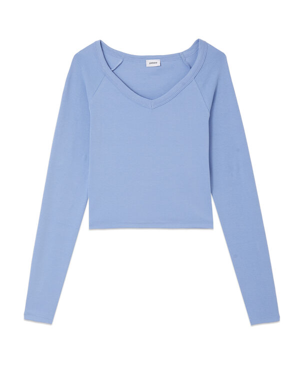 T-shirt court manches longues col V bleu clair - Pimkie