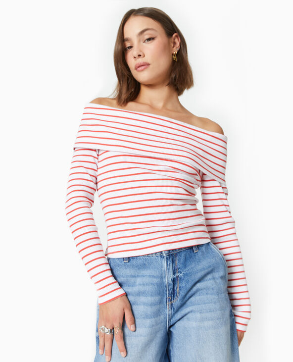 Top en maille côtelée encolure Bardot rayé rouge - Pimkie