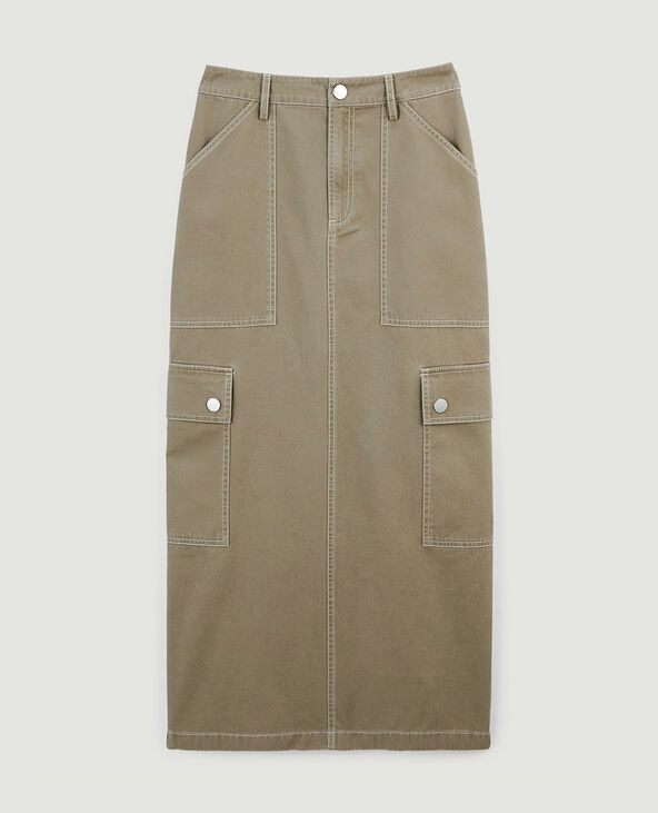 Jupe longue en toile avec surpiqûres vert kaki - Pimkie
