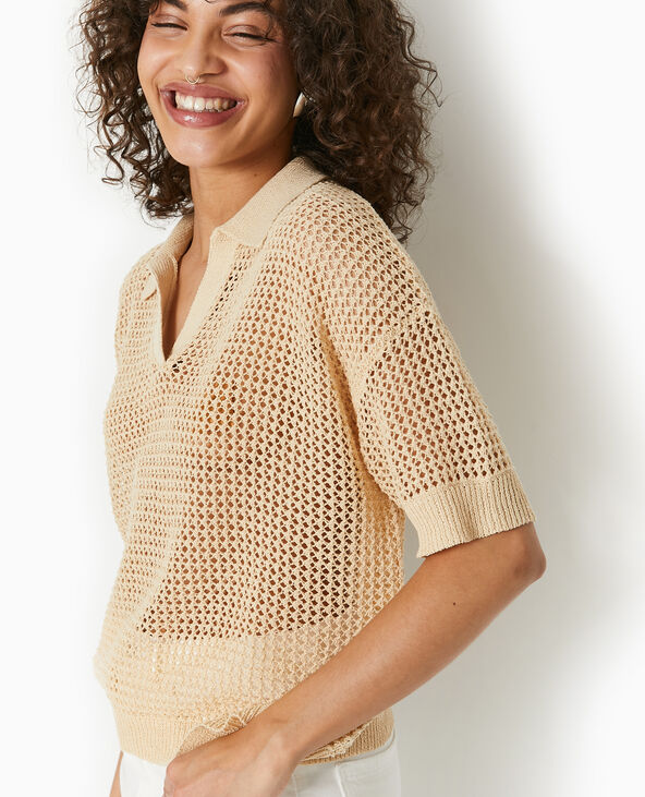 Pull polo manches courtes en maille ajourée beige - Pimkie