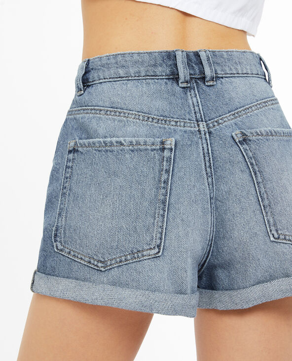 Short en jean loose taille haute bas roulottés bleu - Pimkie