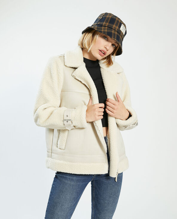 Manteau court en simili cuir et fausse fourrure