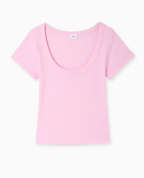 T-shirt maille côtelée grande encolure rose - Pimkie