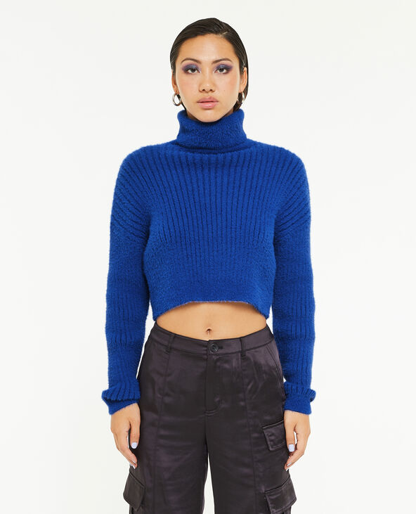Pull court col roulé en maille fluffy  bleu électrique - Pimkie