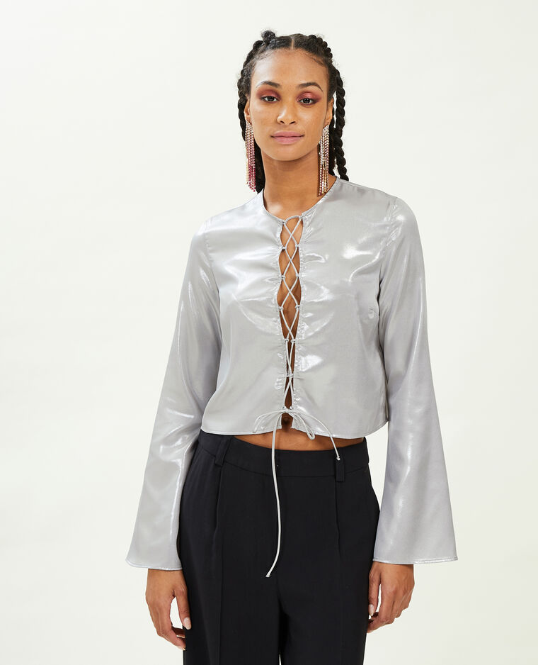 Blouse courte avec lien croisé à nouer gris - Pimkie
