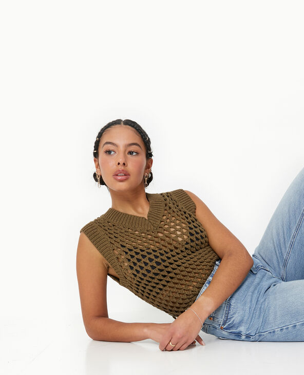 Pull sans manches en maille ajourée vert kaki - Pimkie
