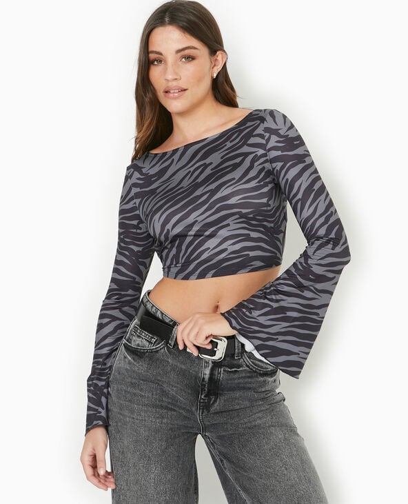 Top dos-nu manches flare motif zèbre noir - Pimkie
