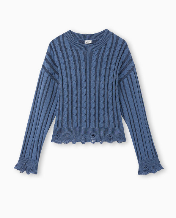 Pull en maille fantaisie avec effet destroy bleu - Pimkie