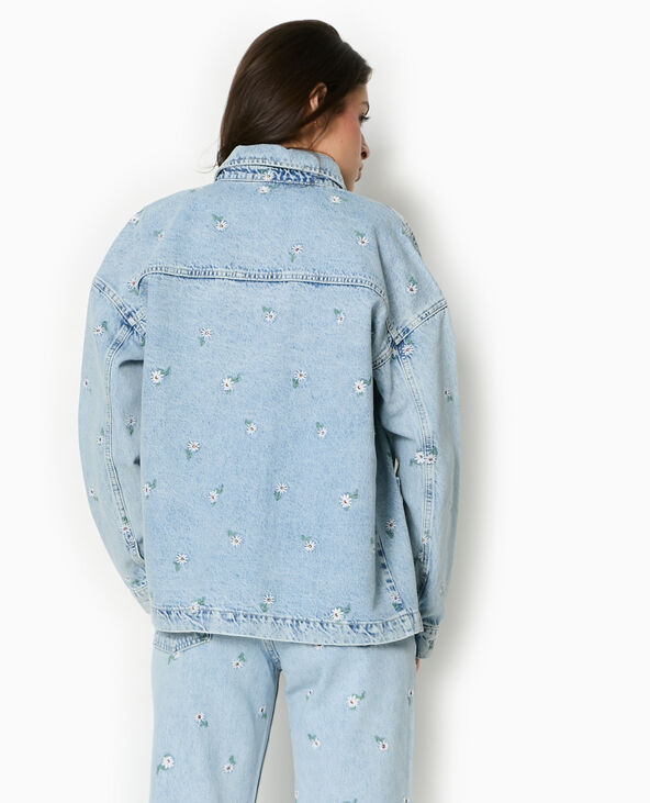Veste droite en jean avec broderies fleurs all over bleu clair - Pimkie