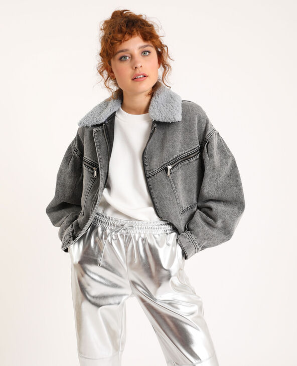 Blouson en jean col fourrure gris - Pimkie