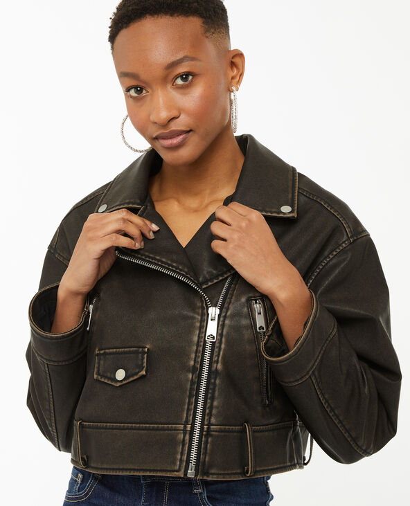 Blouson motard court en simili marron - Pimkie