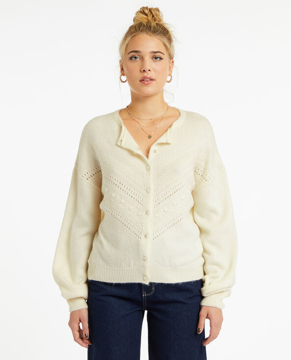 Gilet col rond maille fantaisie blanc - Pimkie