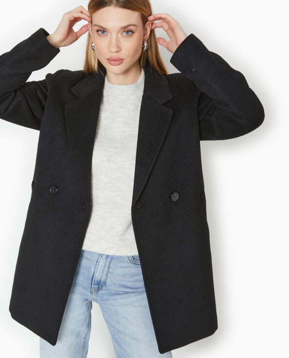 Manteau mi-long en drap de laine noir - Pimkie