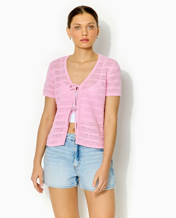 Gilet ajouré manches courtes avec nouettes rose - Pimkie