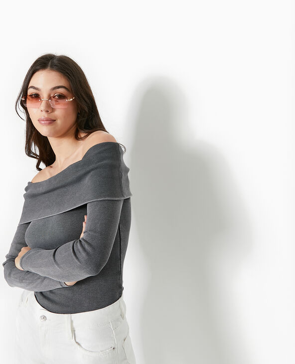 Top manches longues encolure Bardot gris foncé - Pimkie
