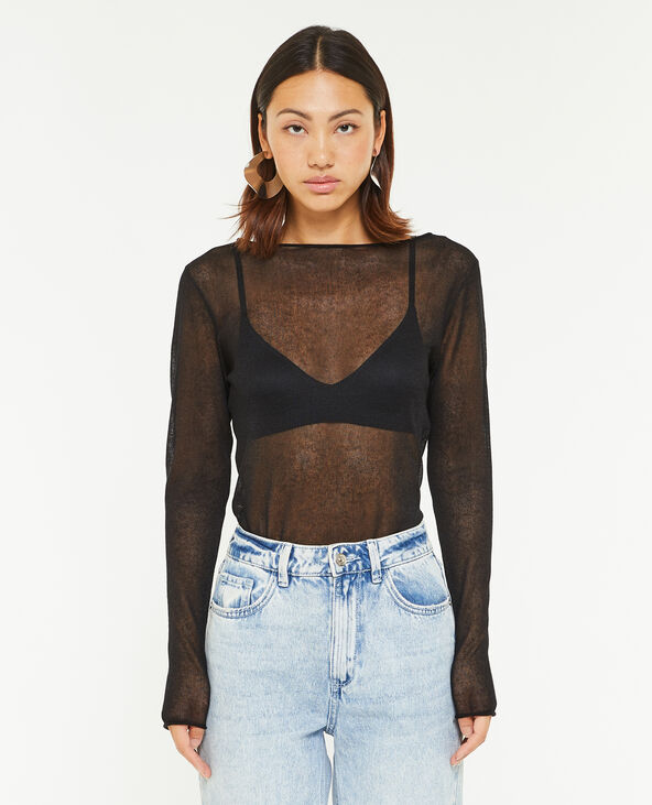 Top manches longues en maille transparente noir - Pimkie