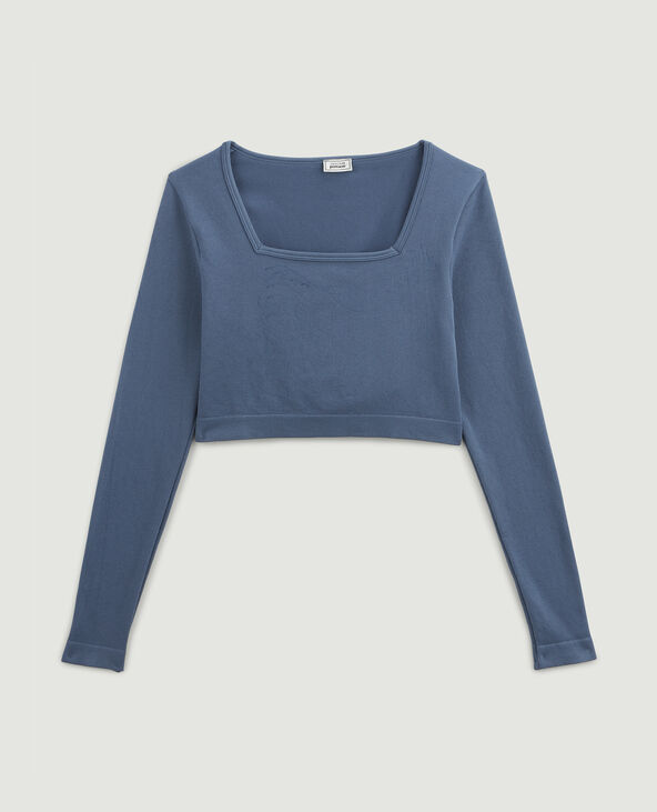 T-shirt cropped col carré bleu foncé - Pimkie