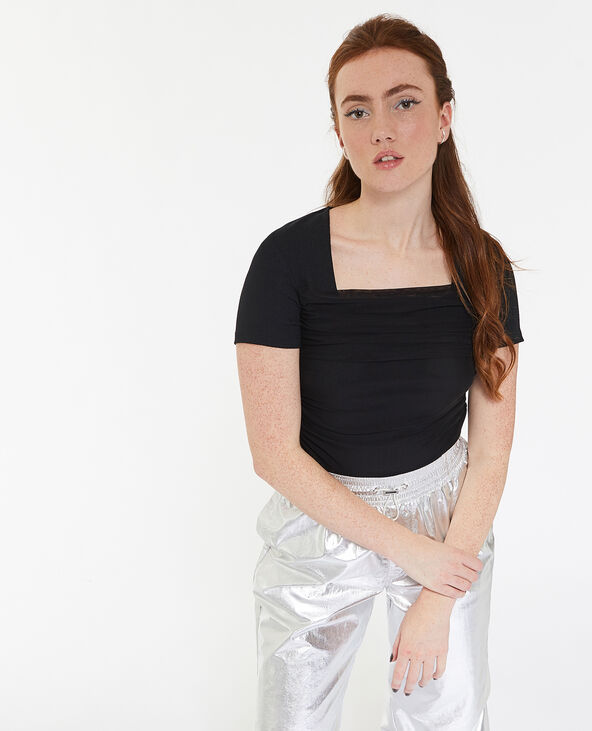 T-shirt col carré avec tulle drapé devant noir - Pimkie