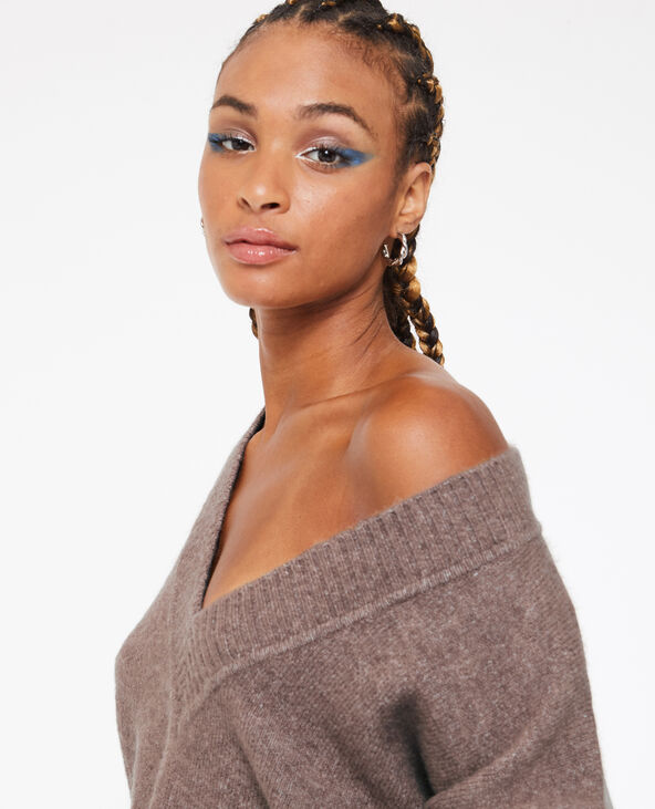 Pull droit ave grand col V taupe - Pimkie