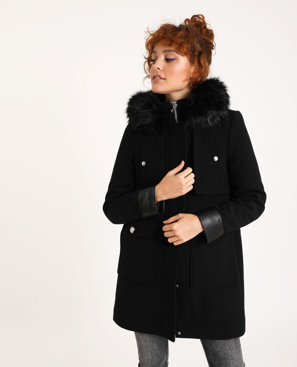 Manteau droit avec capuche fourrure noir - Pimkie