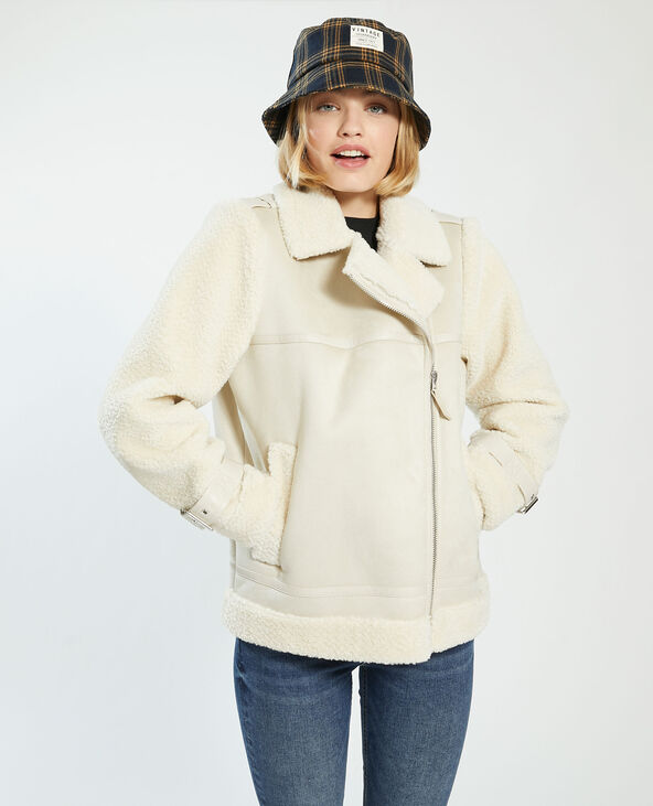Manteau court en simili cuir et fausse fourrure blanc - Pimkie