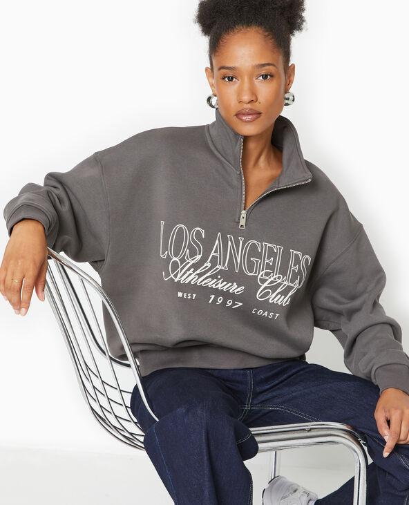 Sweat col camionneur avec flocage devant gris foncé - Pimkie