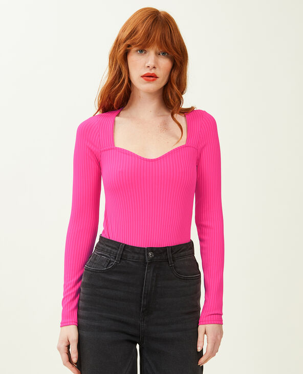 Body maille côtelée encolure cœur rose fuchsia - Pimkie