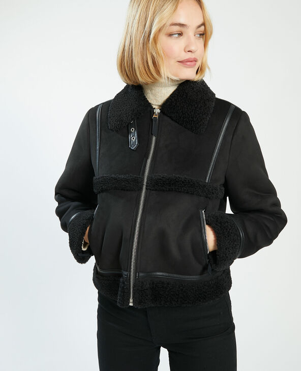 Manteau court en simili cuir et fausse fourrure noir - Pimkie