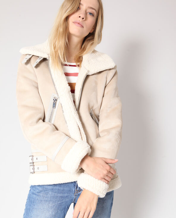 Blouson biker en fausse fourrure écru - Pimkie