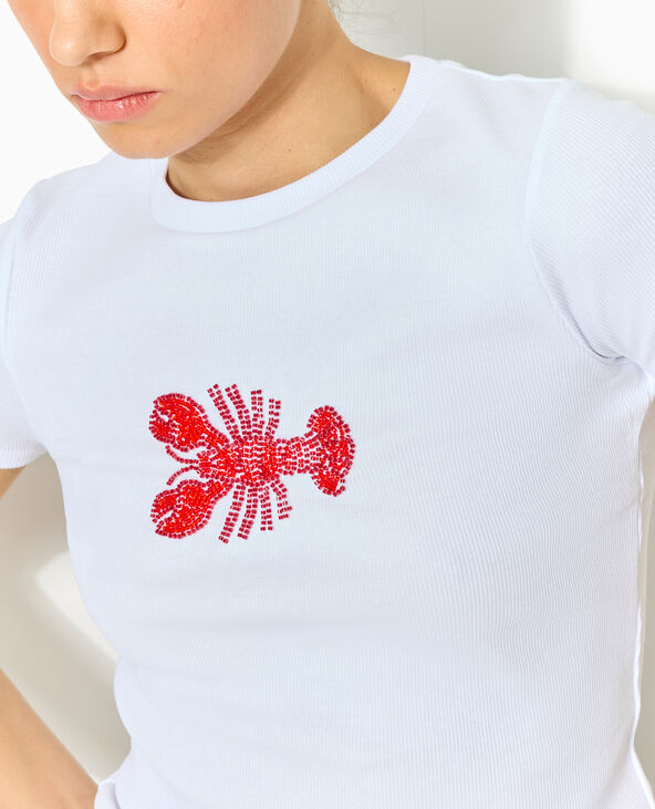 T-shirt ajusté en maille côtelée avec homard blanc - Pimkie