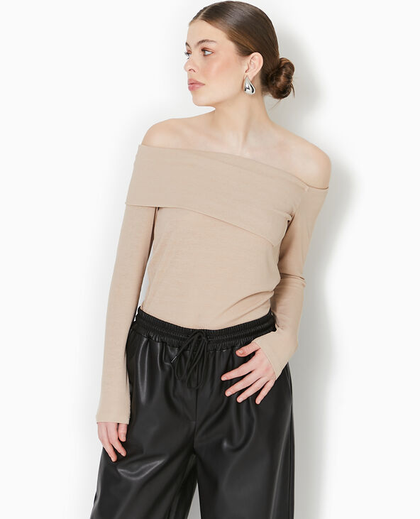 Top en maille côtelée encolure Bardot beige - Pimkie