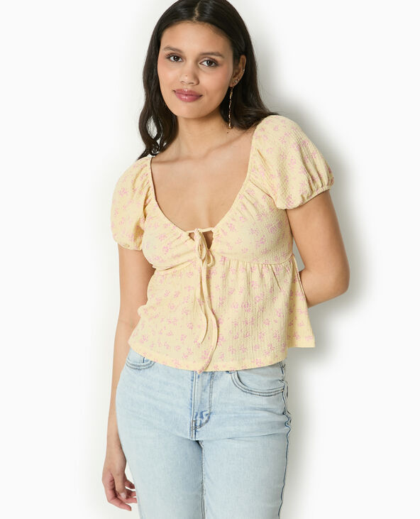 T-shirt manches ballons avec nouette jaune - Pimkie