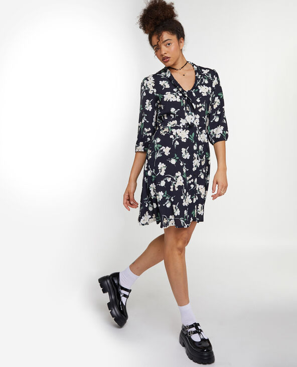 Robe évasée avec col à nouer motif fleurs noir - Pimkie