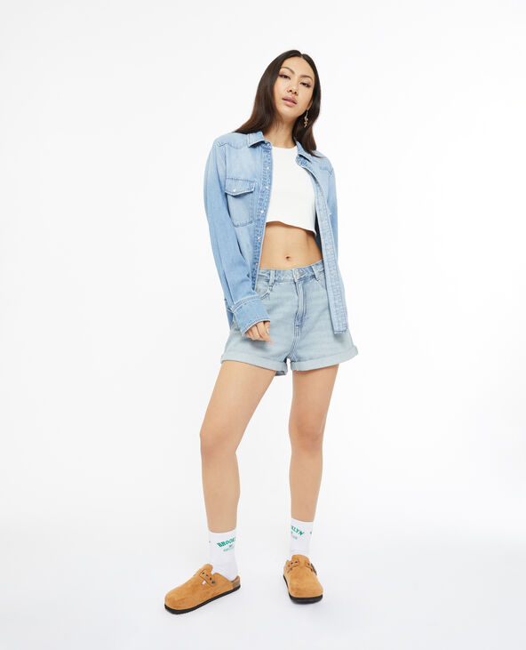 Short en jean loose taille haute bas roulottés bleu clair - Pimkie