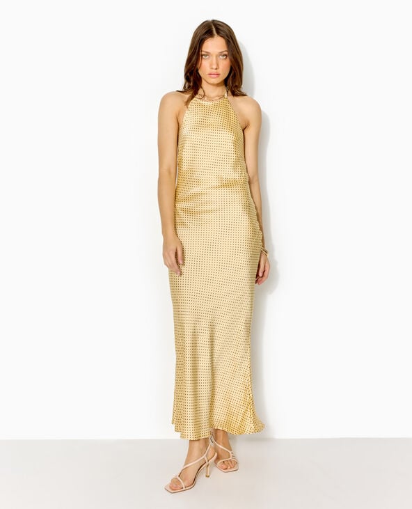 Robe longue dos-nu en satin motif pois jaune - Pimkie