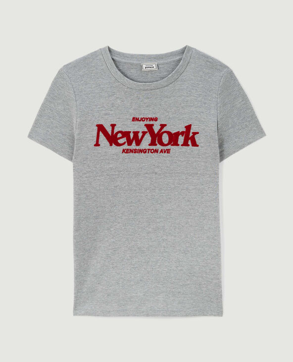 T-shirt manches courtes avec flocage velours gris chiné - Pimkie