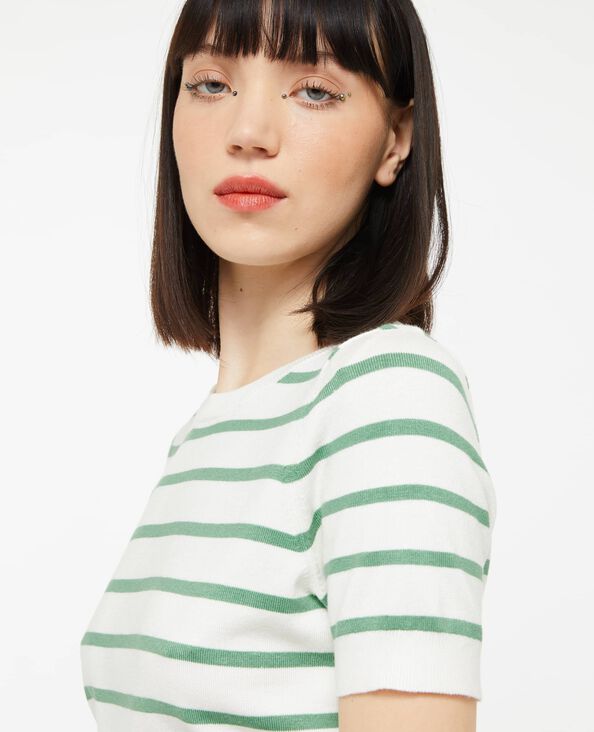 Pull manches courtes rayé en maille fine vert olive - Pimkie