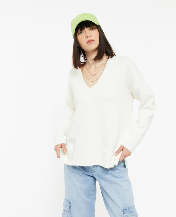 Pull droit avec grand col V blanc - Pimkie