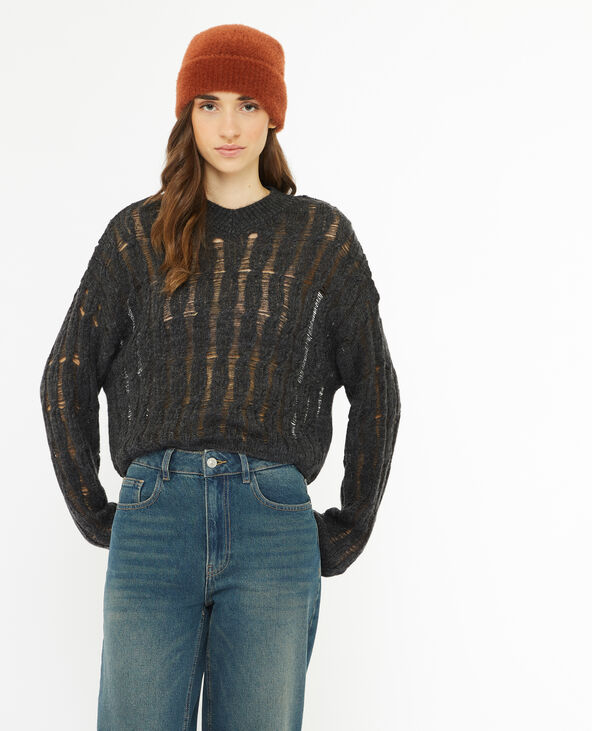 Pull en maille torsadée et ajourée effet destroy gris foncé - Pimkie